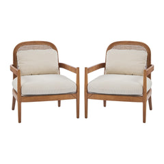 [Set of 2]  26.6" Mid-Century Modern Accent Chair with Walnut Finish Solid Wood Frame and Rattan Backrest, Beige Cushion with Striped Fabric,  Comfy Armchairs for Living Room, Bedroom, Reading Nook