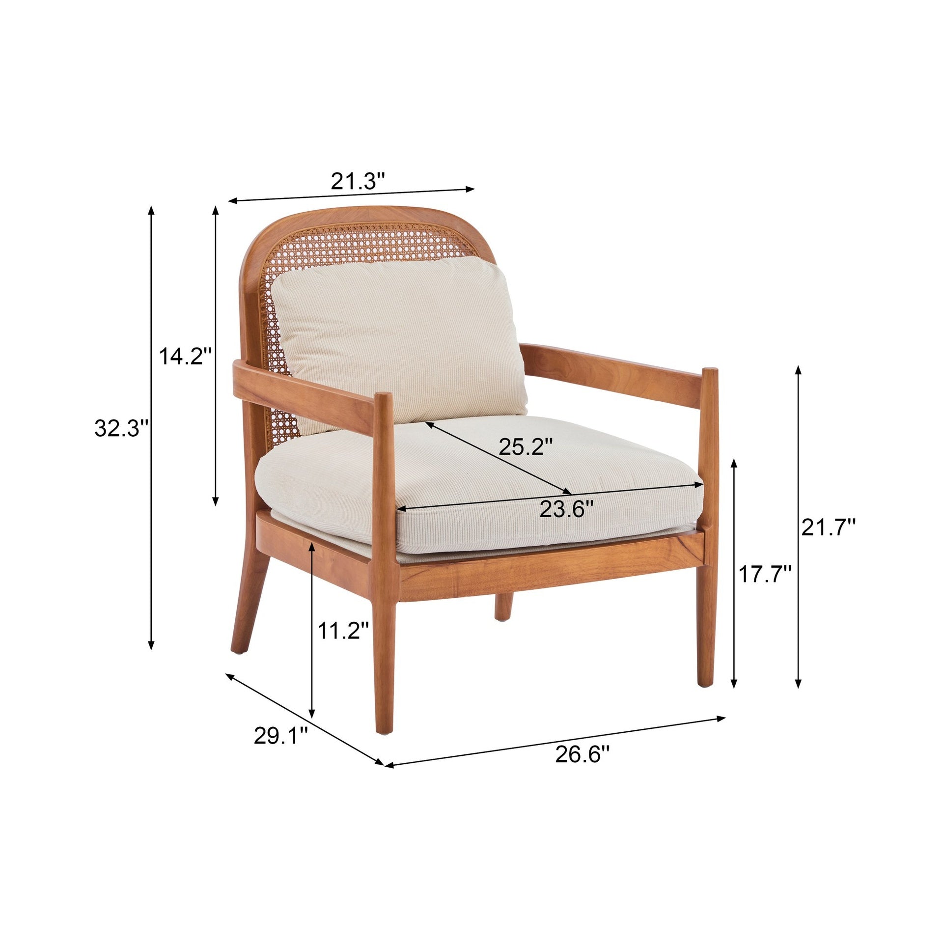 [Set of 2]  26.6" Mid-Century Modern Accent Chair with Walnut Finish Solid Wood Frame and Rattan Backrest, Beige Cushion with Striped Fabric,  Comfy Armchairs for Living Room, Bedroom, Reading Nook