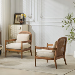 [Set of 2]  26.6" Mid-Century Modern Accent Chair with Walnut Finish Solid Wood Frame and Rattan Backrest, Beige Cushion with Striped Fabric,  Comfy Armchairs for Living Room, Bedroom, Reading Nook