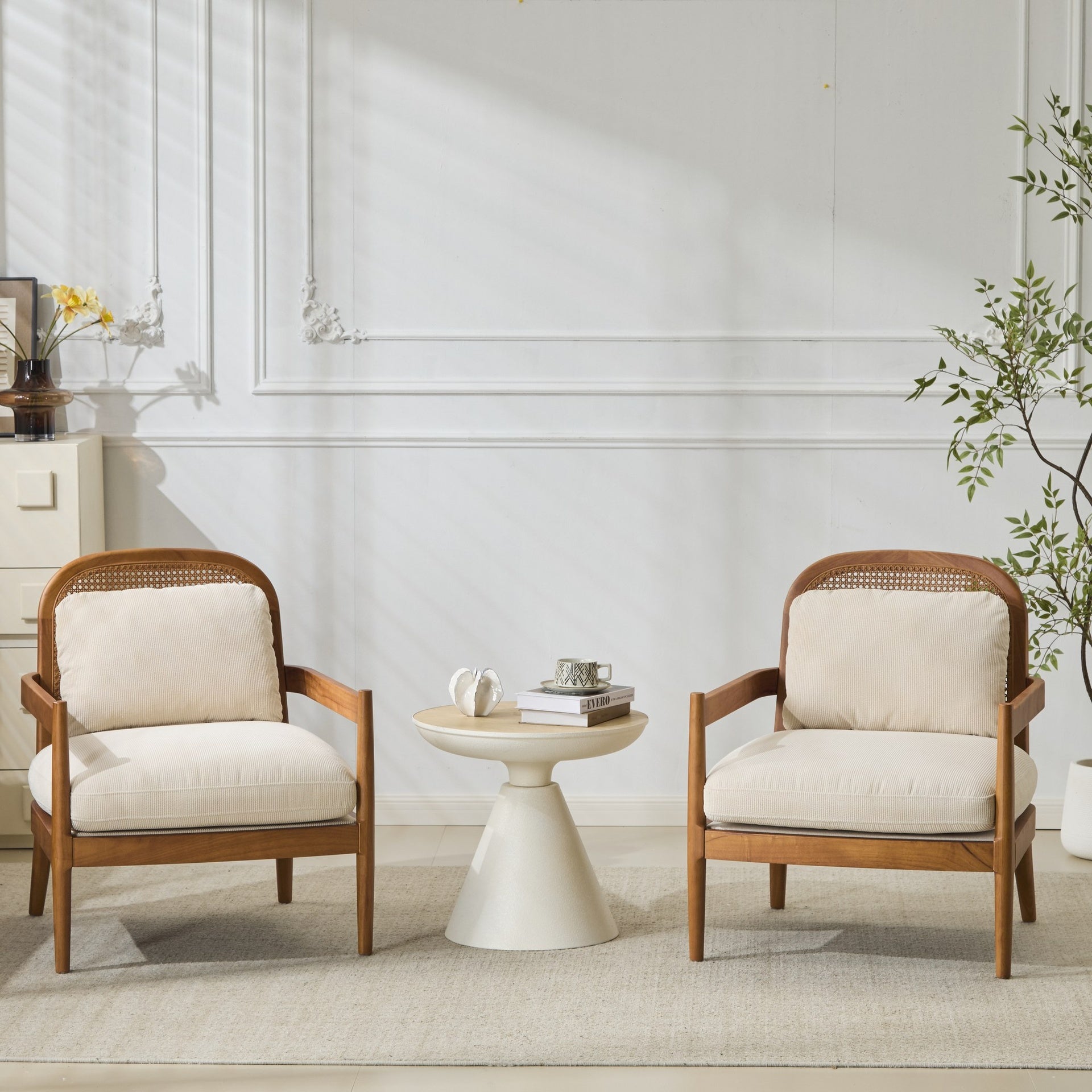 [Set of 2]  26.6" Mid-Century Modern Accent Chair with Walnut Finish Solid Wood Frame and Rattan Backrest, Beige Cushion with Striped Fabric,  Comfy Armchairs for Living Room, Bedroom, Reading Nook