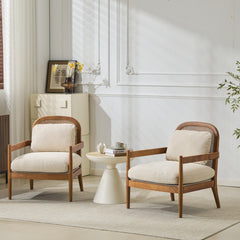 [Set of 2]  26.6" Mid-Century Modern Accent Chair with Walnut Finish Solid Wood Frame and Rattan Backrest, Beige Cushion with Striped Fabric,  Comfy Armchairs for Living Room, Bedroom, Reading Nook