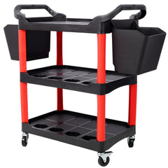 3 Tier Rolling Auto Detail Cart With Wheels,With 2pcs Bucket,for Detailers Garage, Workshop, Repair Shop, Storage Tool,Red&Black