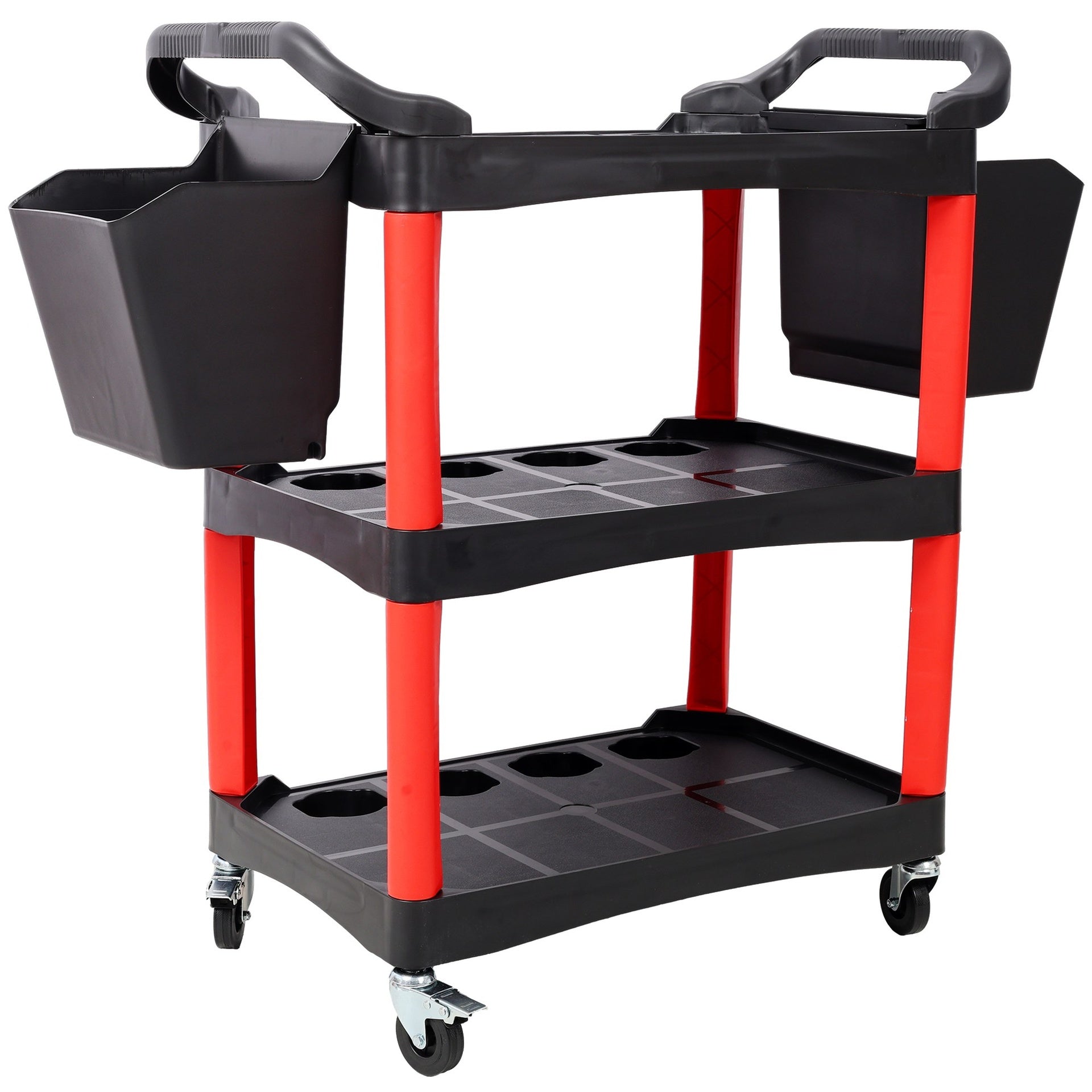 3 Tier Rolling Auto Detail Cart With Wheels,With 2pcs Bucket,for Detailers Garage, Workshop, Repair Shop, Storage Tool,Red&Black