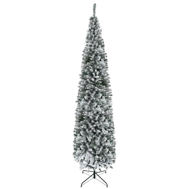 Indoor Holiday Decor,9ft Flocked Christmas Tree, Pencil Artificial Xmas Tree with Faux Snow