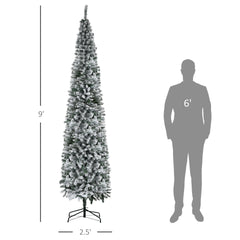 Indoor Holiday Decor,9ft Flocked Christmas Tree, Pencil Artificial Xmas Tree with Faux Snow