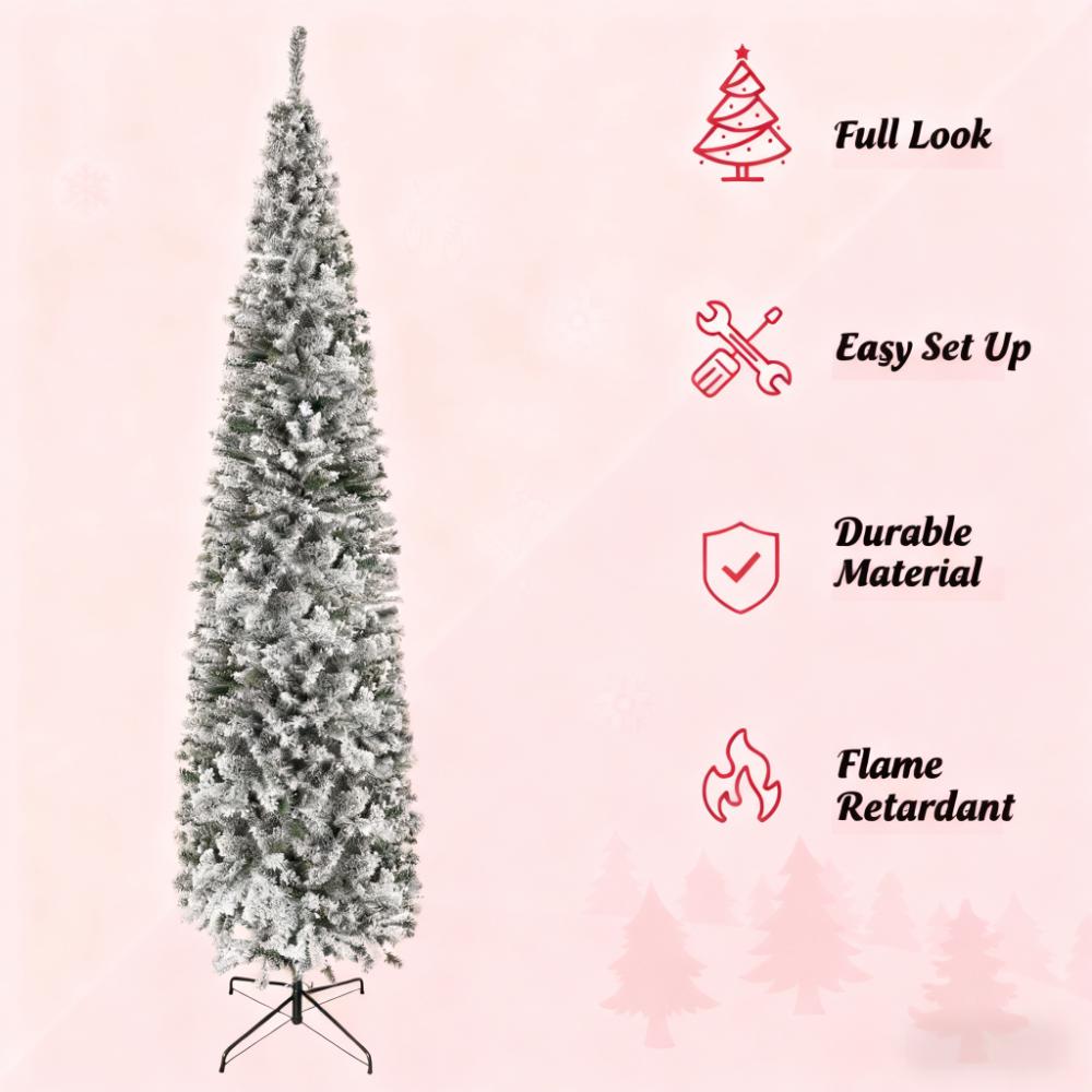 Indoor Holiday Decor,9ft Flocked Christmas Tree, Pencil Artificial Xmas Tree with Faux Snow
