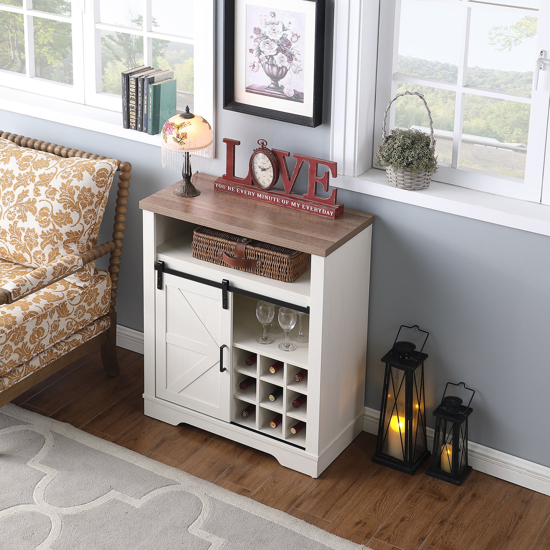 Farmhouse Storage Cabinet with Sliding Barn Door & Wine Shelf, Small Storage Cabinet for, Kitchen, Living Room, Rustic Oak with Antique White