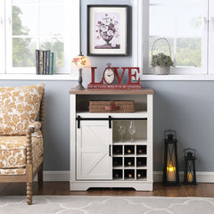 Farmhouse Storage Cabinet with Sliding Barn Door & Wine Shelf, Small Storage Cabinet for, Kitchen, Living Room, Rustic Oak with Antique White