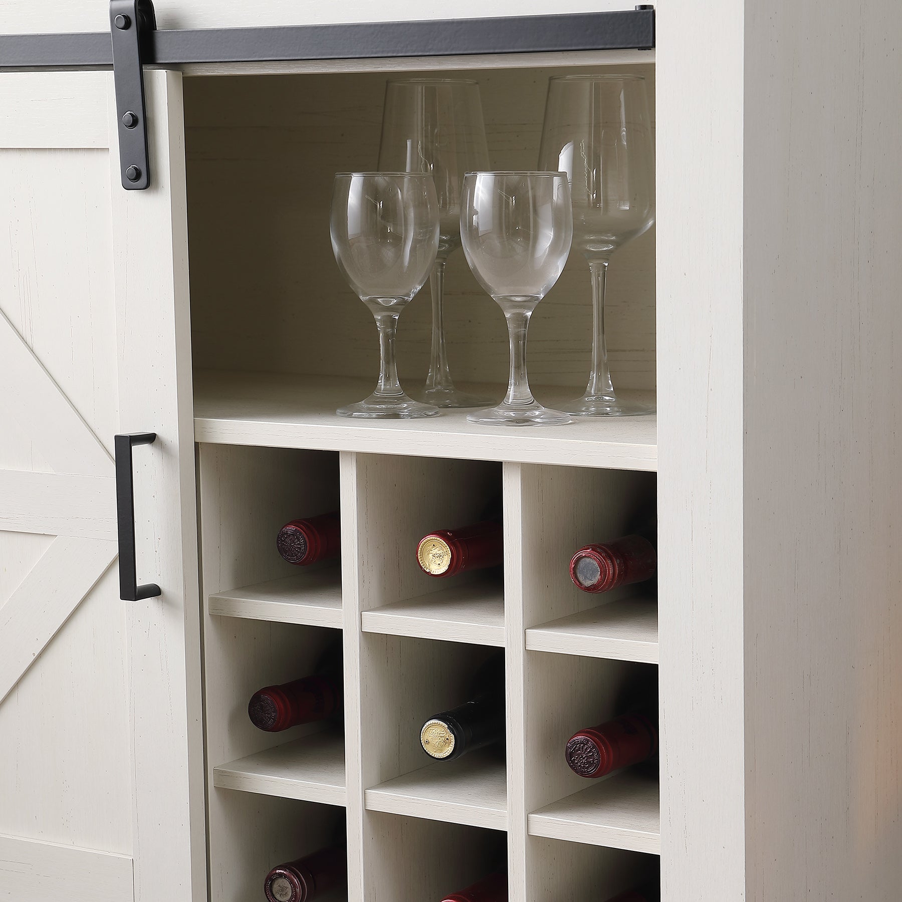 Farmhouse Storage Cabinet with Sliding Barn Door & Wine Shelf, Small Storage Cabinet for, Kitchen, Living Room, Rustic Oak with Antique White