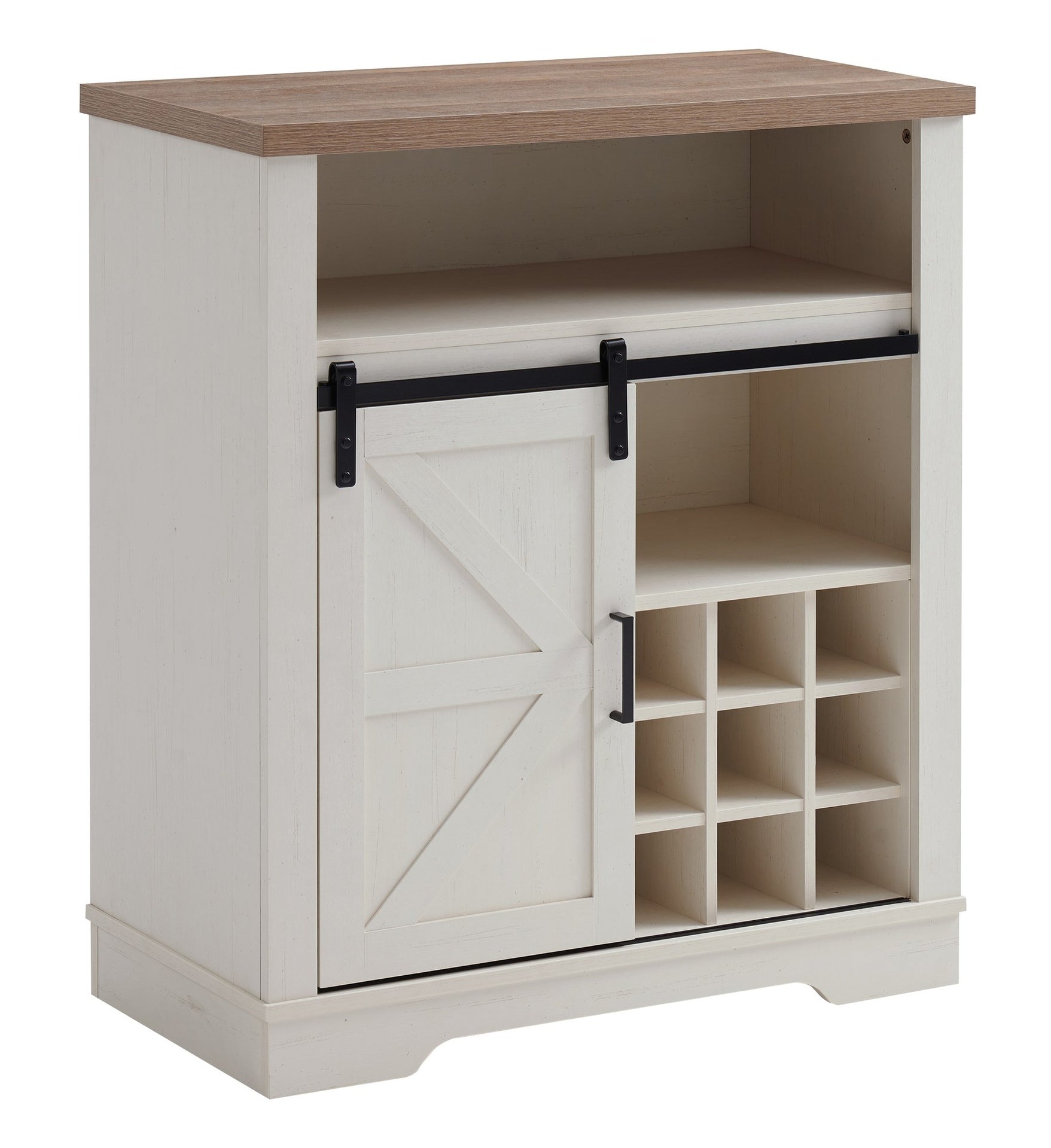 Farmhouse Storage Cabinet with Sliding Barn Door & Wine Shelf, Small Storage Cabinet for, Kitchen, Living Room, Rustic Oak with Antique White