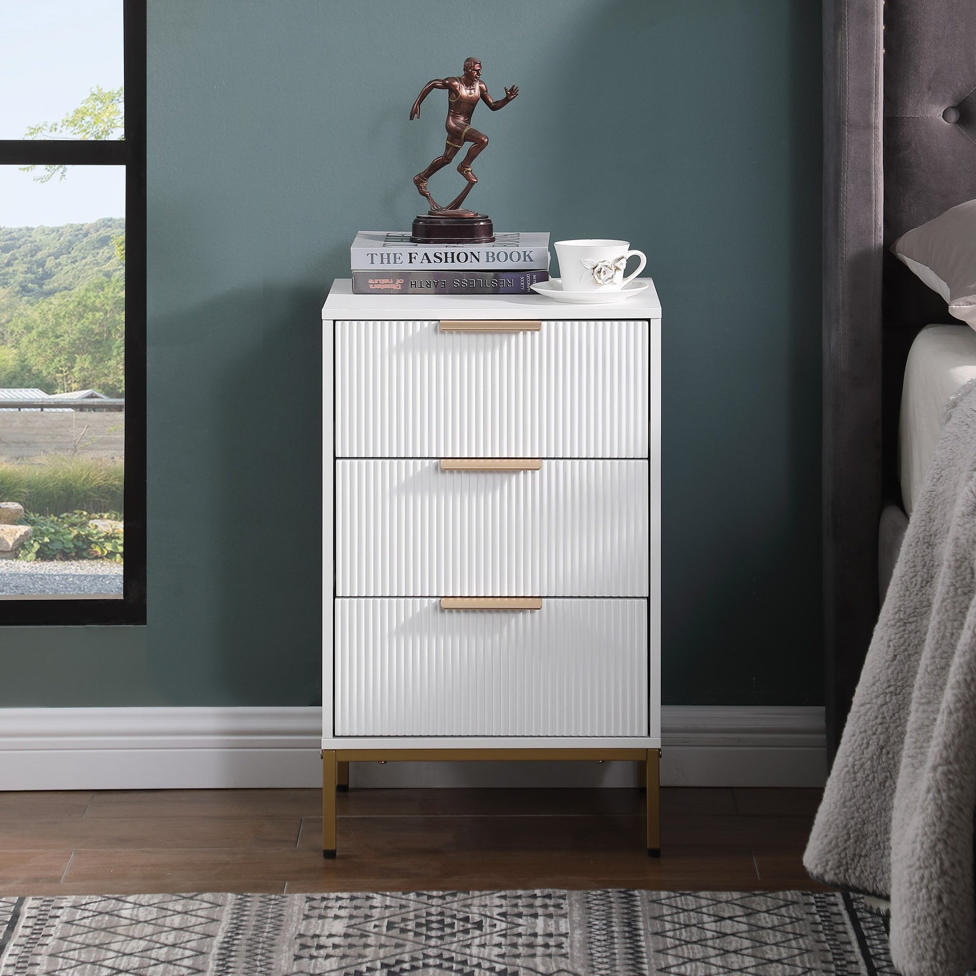 Nightstand with 3 Drawers,Mid-Century Modern End Table,Bedside Table, Gold Metal Legs,Gold Metal Handles,Wavy Drawer PanelsEnd Table for Bedroom White