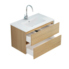 32-Inch Wall-Mounted Bathroom Vanity with Double Drawers, Soft-Close System,Ceramic Sink,No Handle Design,Solid Wood,Easy to Install,The Faucet Is Not Included,Natural
