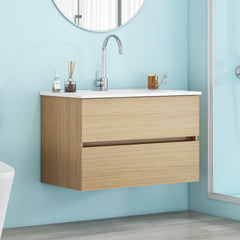 32-Inch Wall-Mounted Bathroom Vanity with Double Drawers, Soft-Close System,Ceramic Sink,No Handle Design,Solid Wood,Easy to Install,The Faucet Is Not Included,Natural