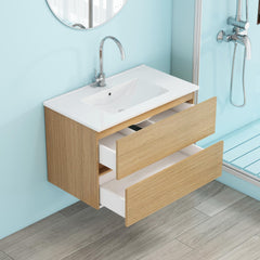 32-Inch Wall-Mounted Bathroom Vanity with Double Drawers, Soft-Close System,Ceramic Sink,No Handle Design,Solid Wood,Easy to Install,The Faucet Is Not Included,Natural