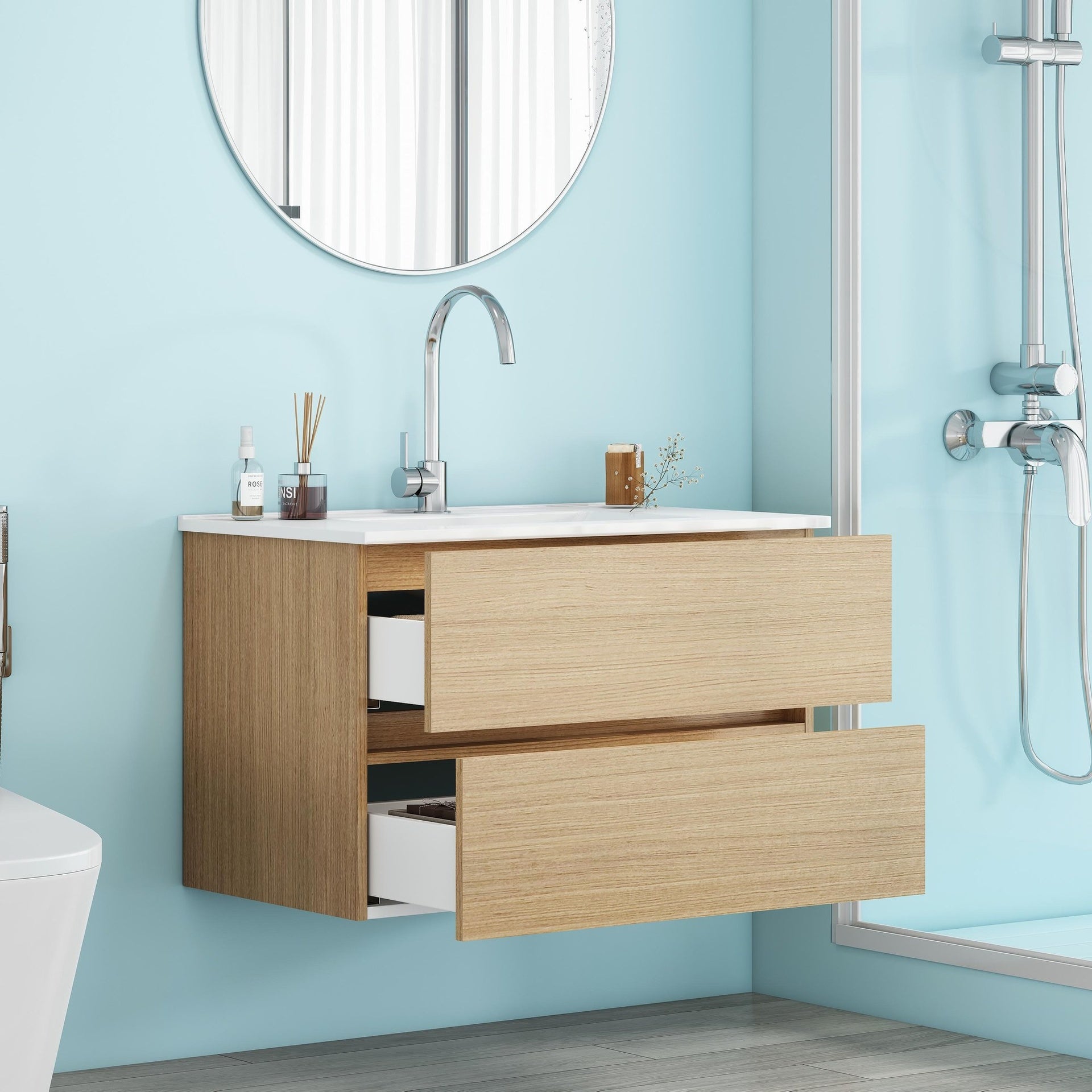 32-Inch Wall-Mounted Bathroom Vanity with Double Drawers, Soft-Close System,Ceramic Sink,No Handle Design,Solid Wood,Easy to Install,The Faucet Is Not Included,Natural