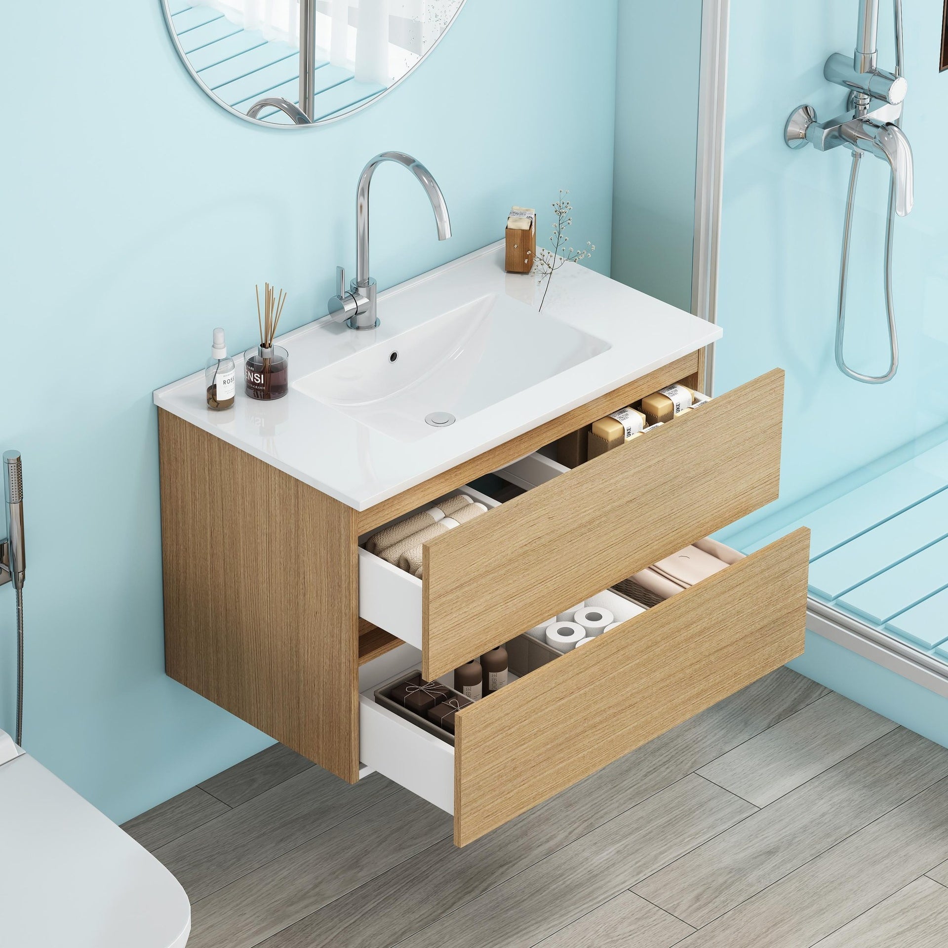 32-Inch Wall-Mounted Bathroom Vanity with Double Drawers, Soft-Close System,Ceramic Sink,No Handle Design,Solid Wood,Easy to Install,The Faucet Is Not Included,Natural