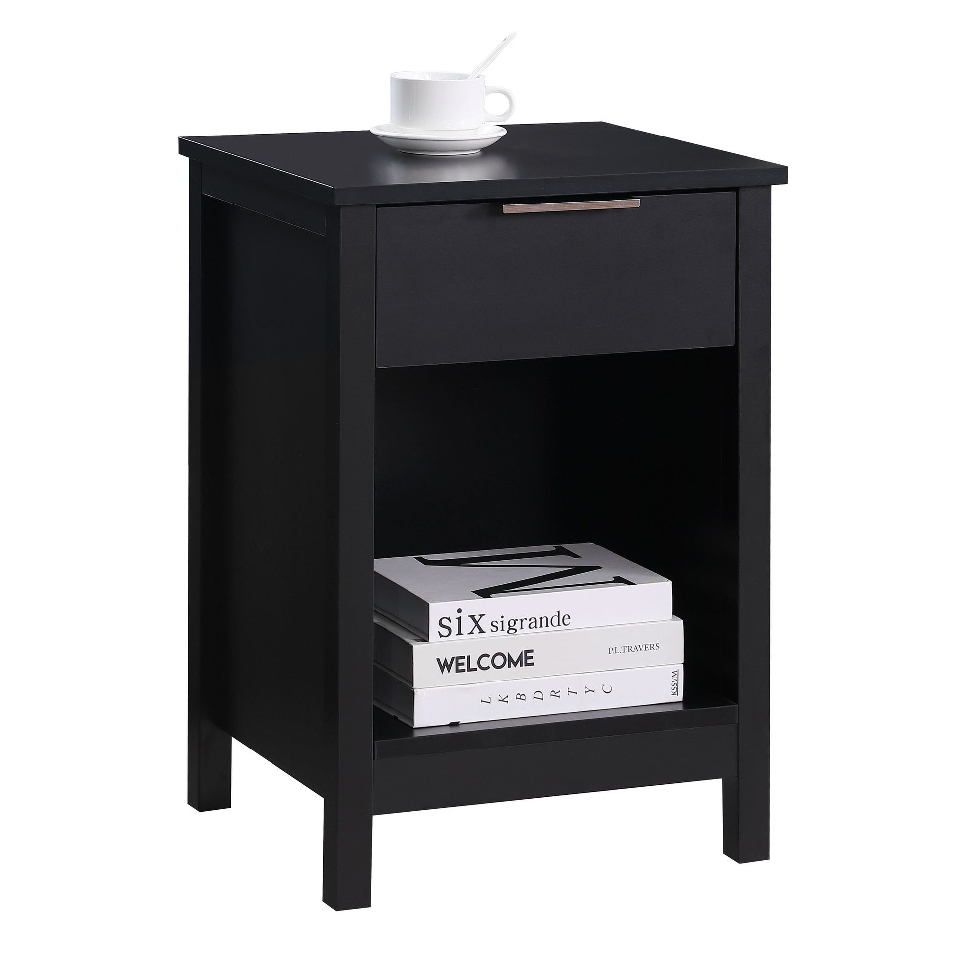 Nightstand with Drawer,3-Tier End Side Table with Storage Drawer and Shelf,Modern Bedside Night Stand for Bedroom, Living Room-Retro Black
