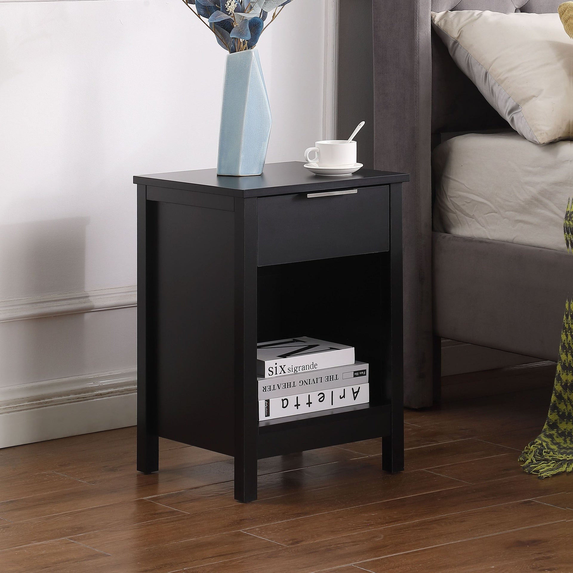 Nightstand with Drawer,3-Tier End Side Table with Storage Drawer and Shelf,Modern Bedside Night Stand for Bedroom, Living Room-Retro Black