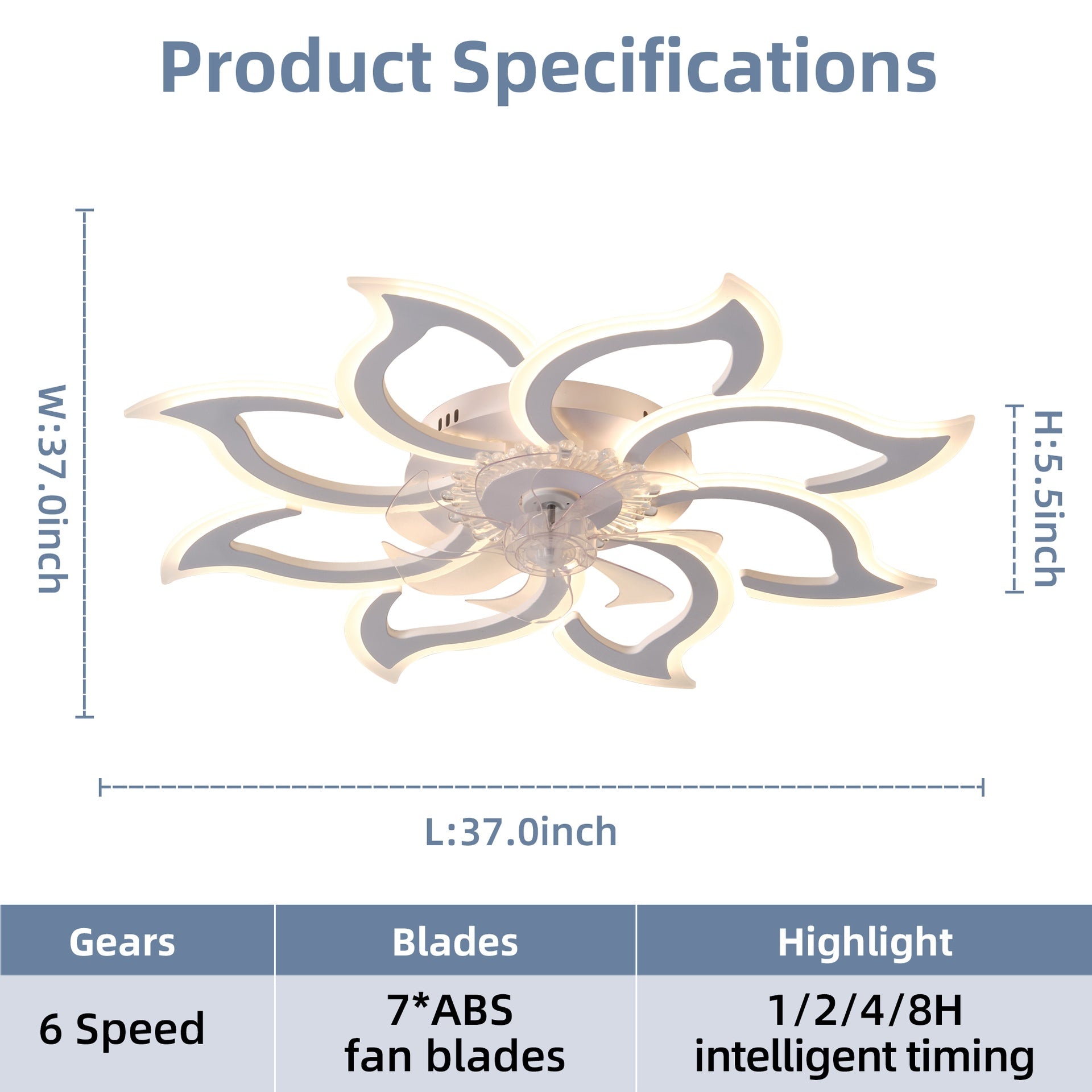37In White Ceiling Fan with Lights, Remote Control 3 Color Temperatures,6 Gear wind Speed Fan Light