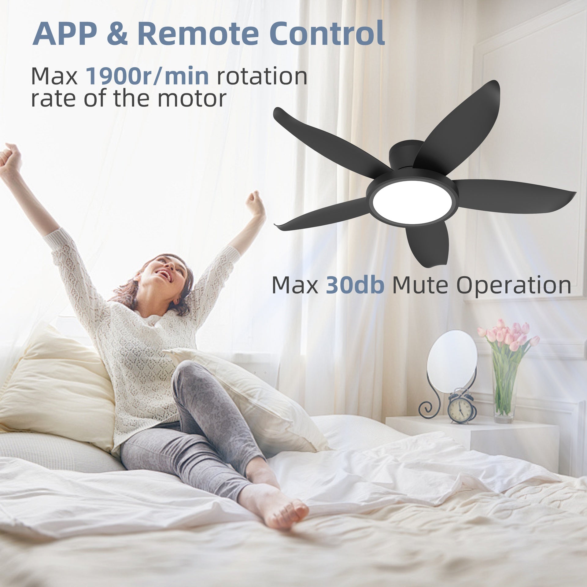 42-inch Eye-Protection Light Source Black Fan Blades High Airflow Plug-in Fan Blades ABS Plastic Fan Blades Ceiling Fan Light