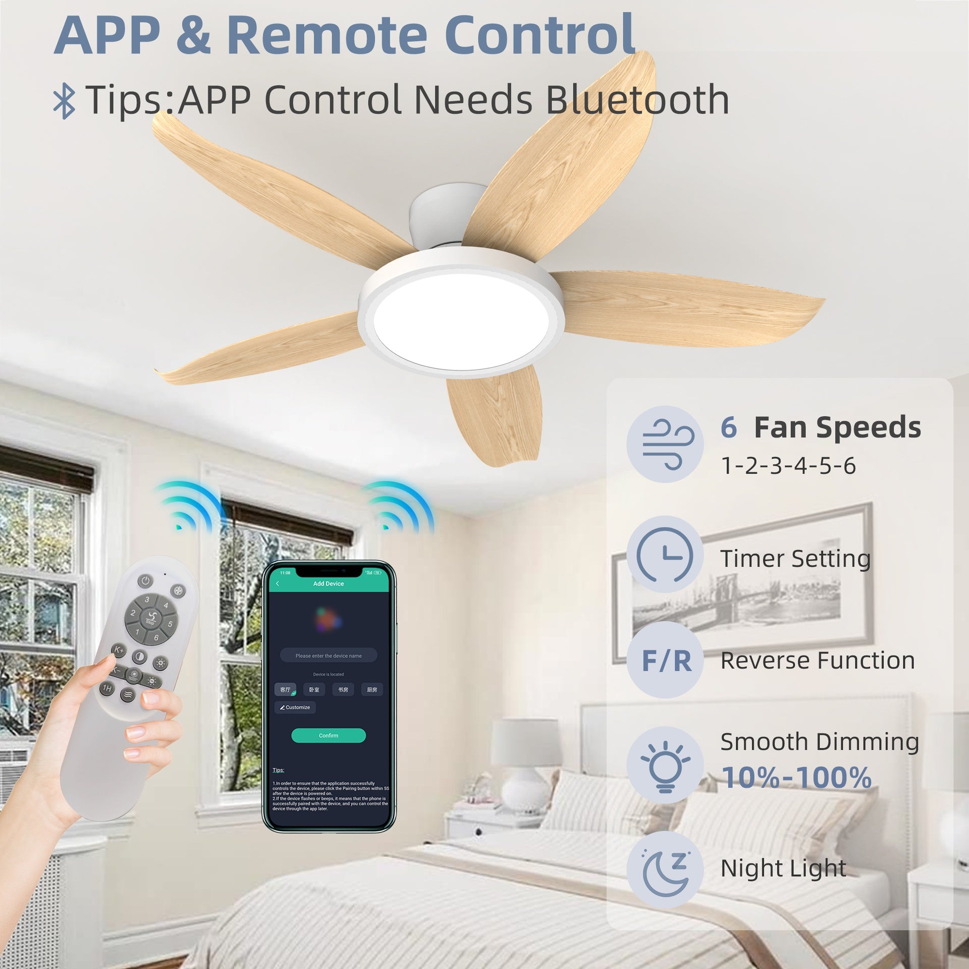 42-inch eye-friendly light source Woodgrain finish blades High airflow Insert blades ABS plastic blades ceiling fan light