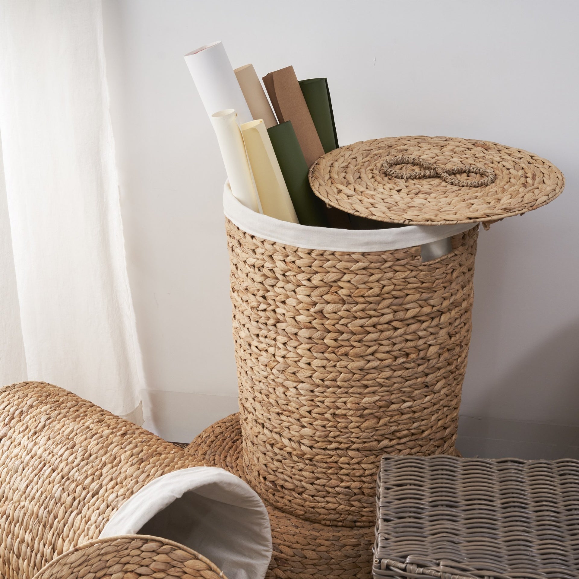 Ludmilla Round Tall Water Hyacinth Woven Wicker Laundry Hamper with Lid - For Clothes, Canvas, Toys and Book Storage with Removable Liner - 18" x 18" x 23" - Natural Brown