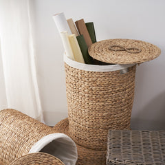 Ludmilla Round Tall Water Hyacinth Woven Wicker Laundry Hamper with Lid - For Clothes, Canvas, Toys and Book Storage with Removable Liner - 18" x 18" x 23" - Natural Brown