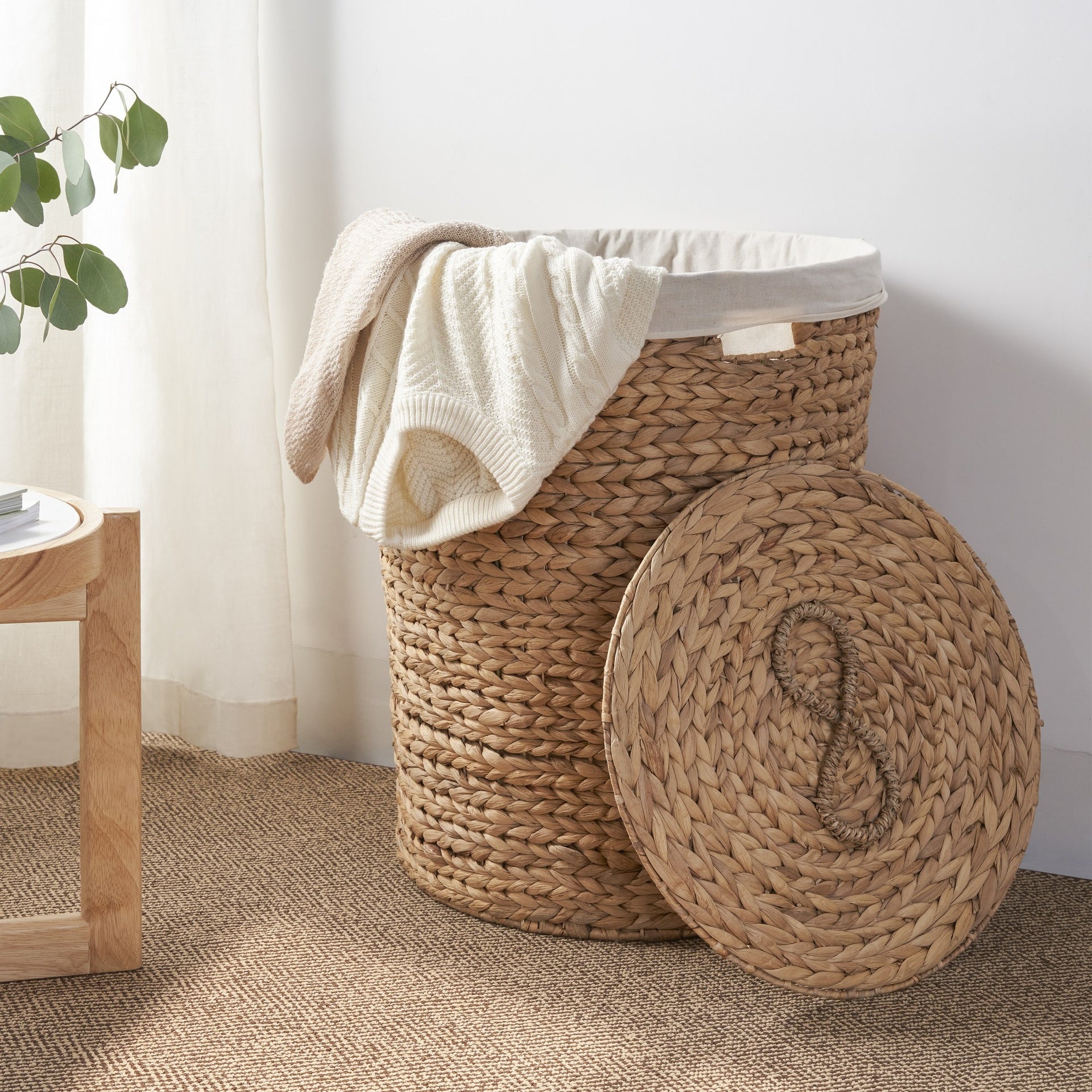Ludmilla Round Tall Water Hyacinth Woven Wicker Laundry Hamper with Lid - For Clothes, Canvas, Toys and Book Storage with Removable Liner - 18" x 18" x 23" - Natural Brown