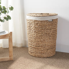 Ludmilla Round Tall Water Hyacinth Woven Wicker Laundry Hamper with Lid - For Clothes, Canvas, Toys and Book Storage with Removable Liner - 18" x 18" x 23" - Natural Brown