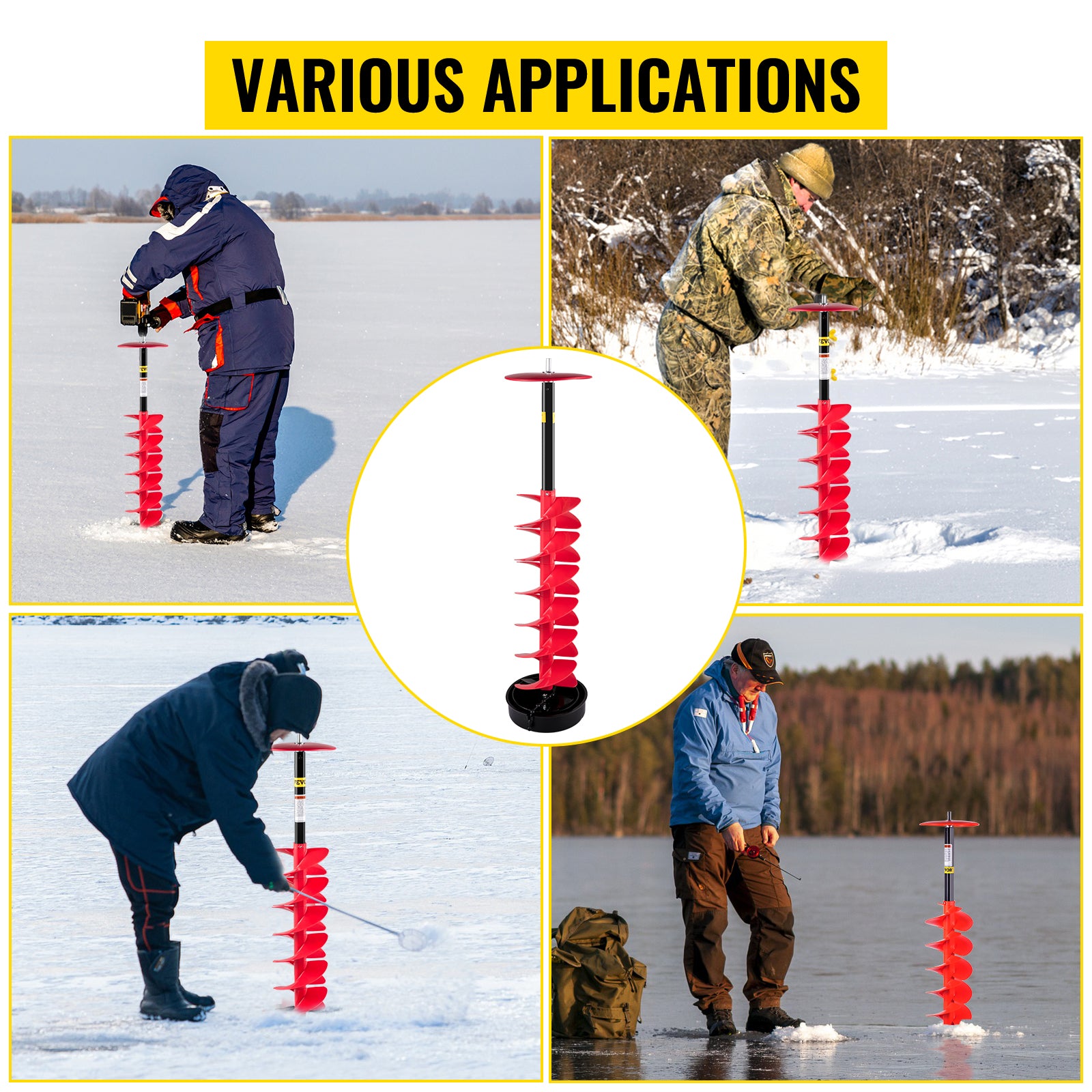 Ice Drill Auger, 6" Diameter Nylon Ice Auger, 39" Length Ice Auger Bit,Auger Drill with 11.8" Extension Rod,Auger Bit w/Drill Adapter,Top Plate & Blade Guard for Ice Fishing Ice Burrowing Red