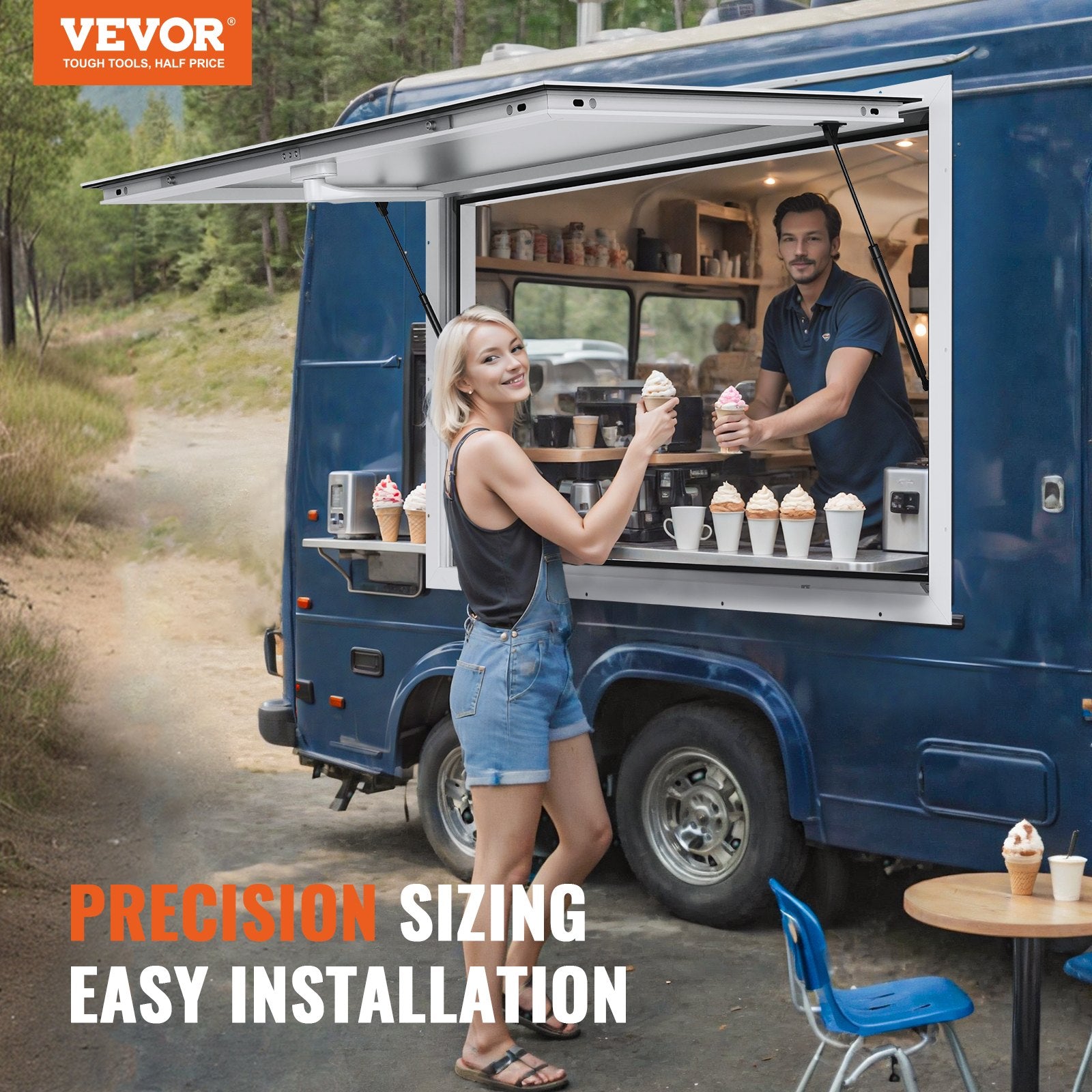 Concession Window 36"x24", Aluminum Alloy Food Truck Service Window with Awning Door & Drag Hook, Up to 85 Degrees Stand Serving Window for Food Trucks Concession Trailers, Glass Not Included