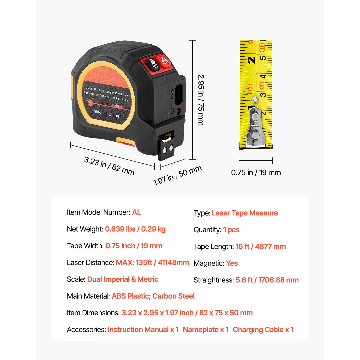 2in1 Laser Tape Measure 135ft Rechargeable Laser 16ft Magnetic Tape