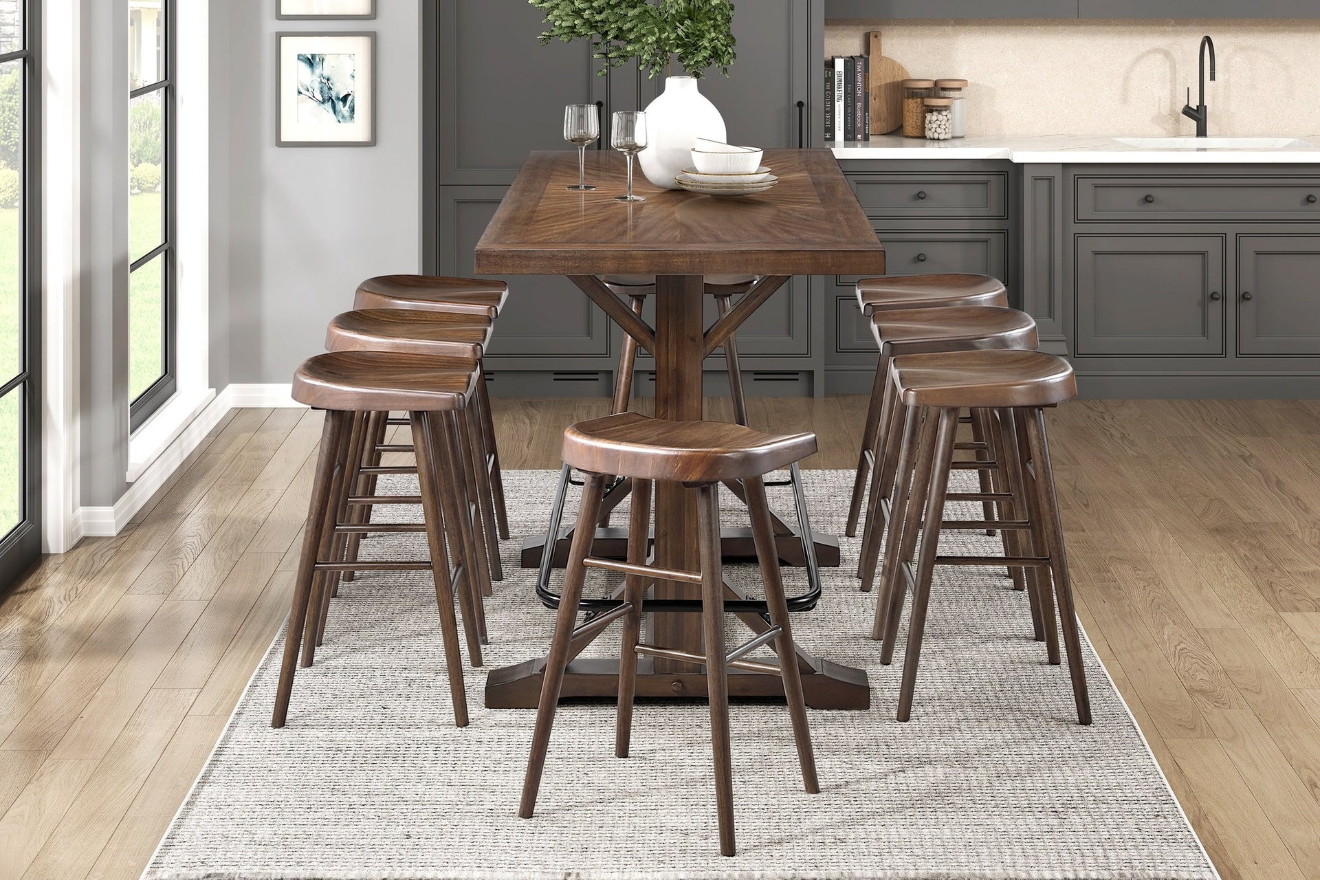 Brown Finish 9pc Pub Height Furniture Set Table w Metal Footrest and 8x Stools Sturdy Wood Frame Classic Aesthetic