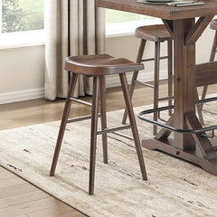 Brown Finish 9pc Pub Height Furniture Set Table w Metal Footrest and 8x Stools Sturdy Wood Frame Classic Aesthetic