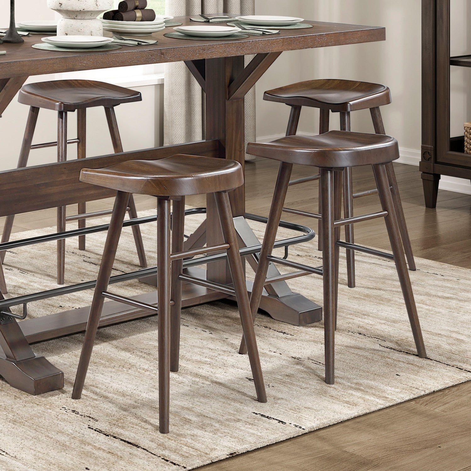 Brown Finish 9pc Pub Height Furniture Set Table w Metal Footrest and 8x Stools Sturdy Wood Frame Classic Aesthetic