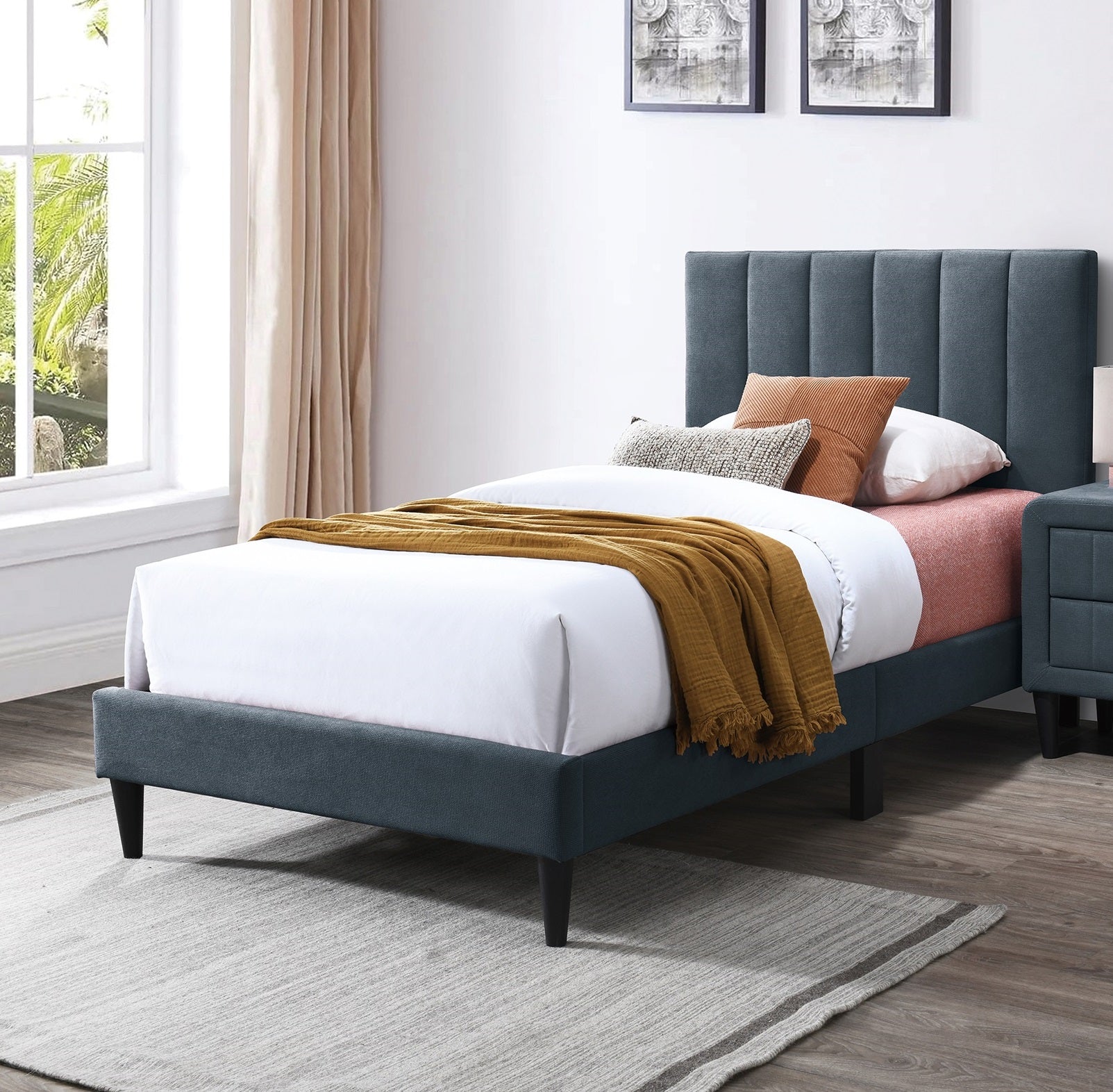 Modern Style Full Size Bed 1pc Channel Tufted Headboard Middle Support Legs Charcoal Finish Bedroom Furniture