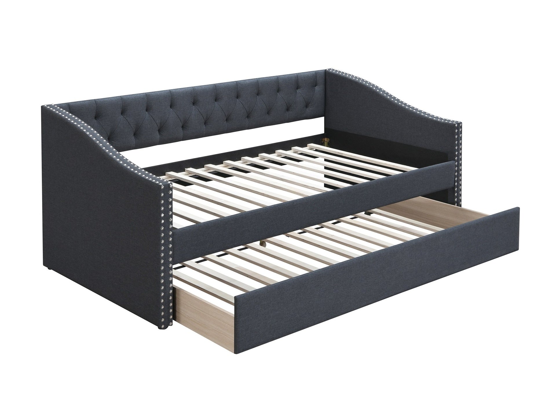 Contemporary Style 1pc Day Bed w/ Trundle Nailhead Trim Button Tufted Charcoal Finish Slat Included