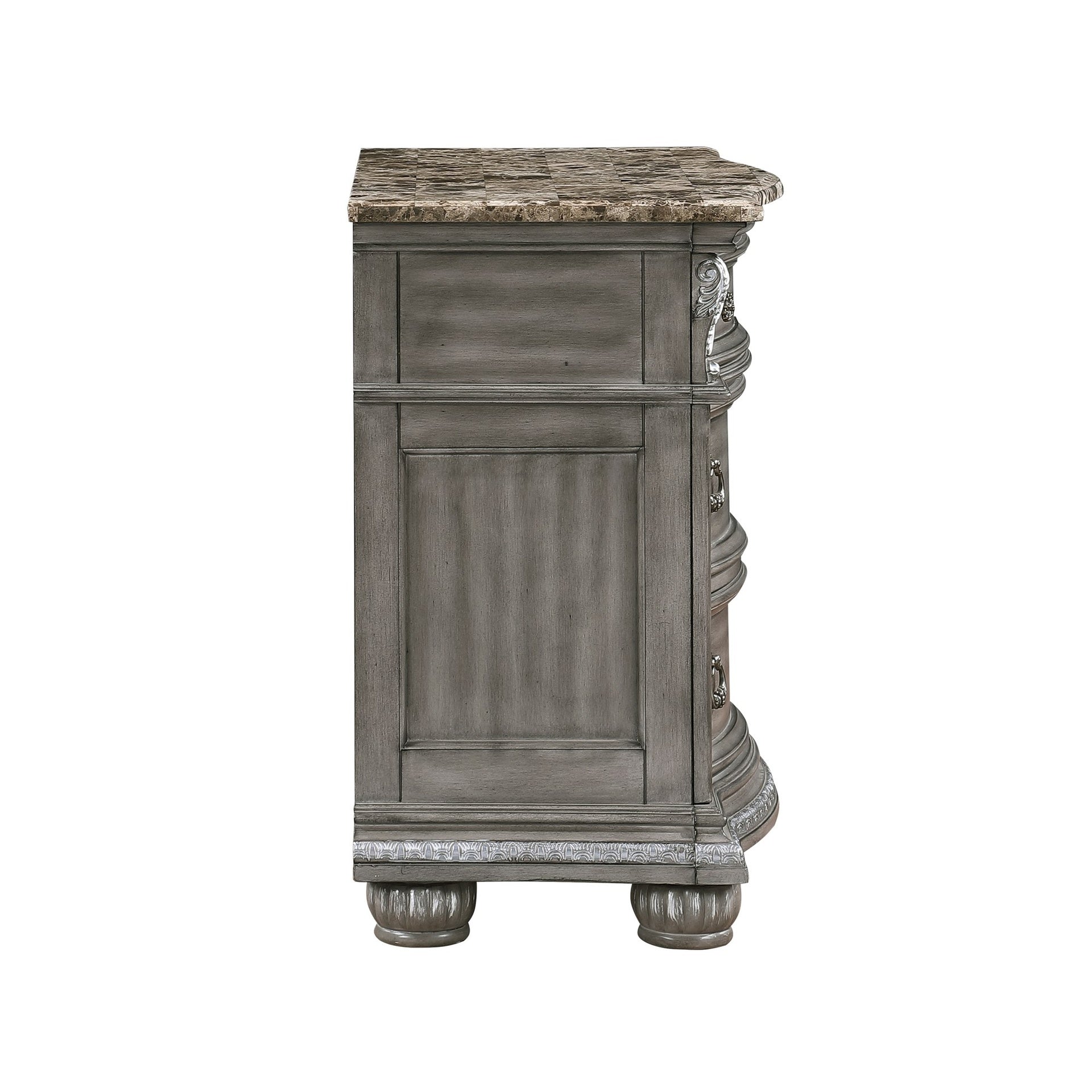 Traditional Style 1pc Luxurious Nightstand of 3 Drawers Marble Top Gray Finish Silver Tipping Wooden Bedroom Furniture