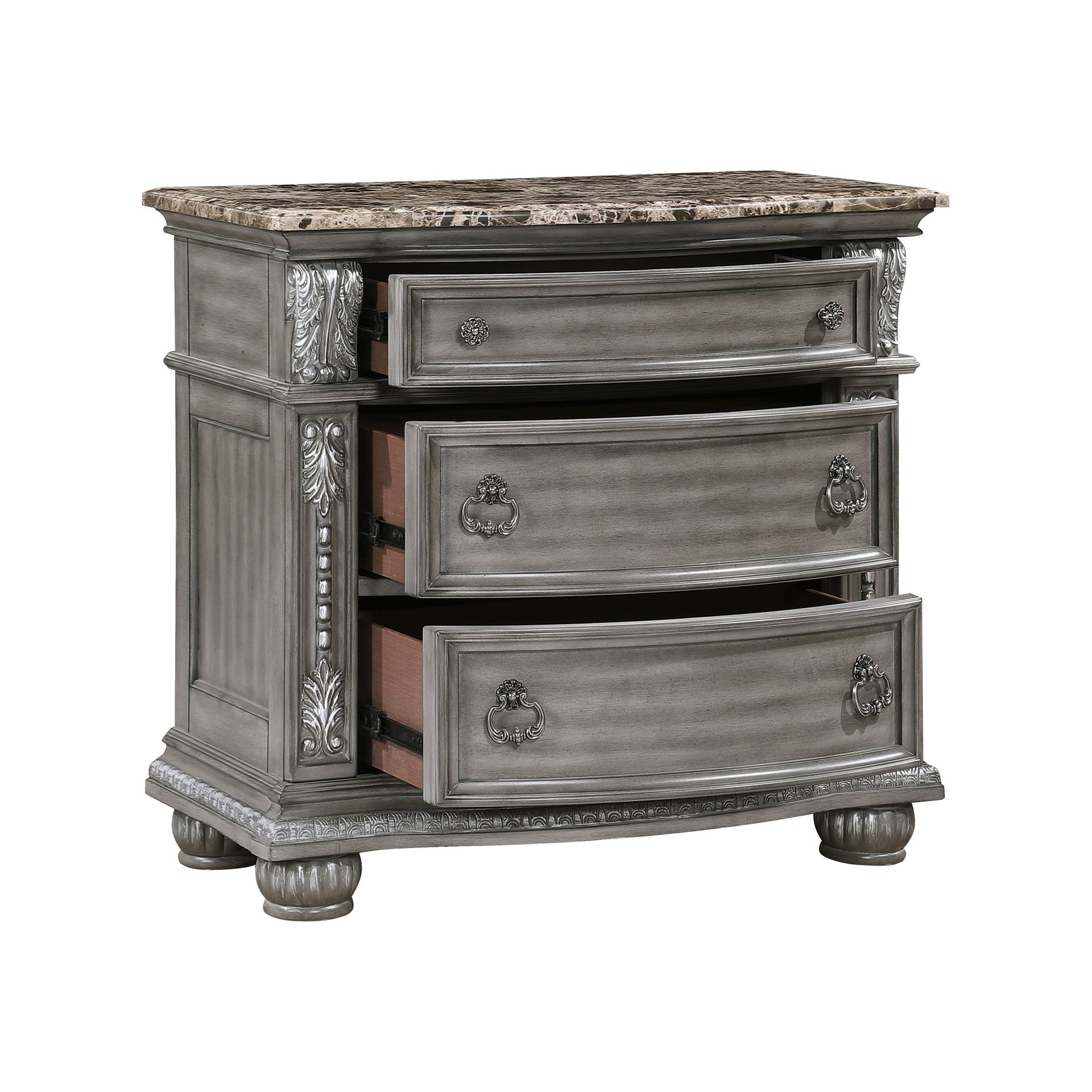 Traditional Style 1pc Luxurious Nightstand of 3 Drawers Marble Top Gray Finish Silver Tipping Wooden Bedroom Furniture