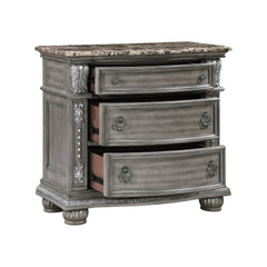 Traditional Style 1pc Luxurious Nightstand of 3 Drawers Marble Top Gray Finish Silver Tipping Wooden Bedroom Furniture