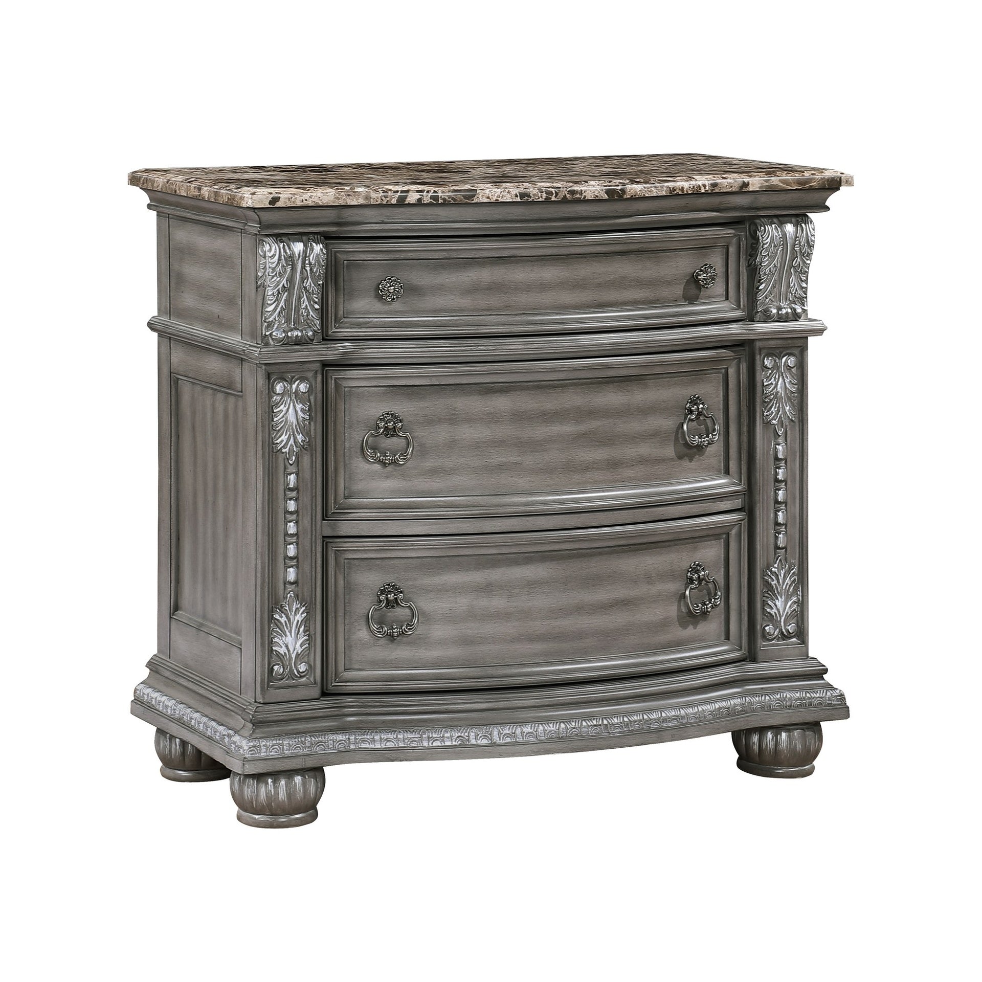 Traditional Style 1pc Luxurious Nightstand of 3 Drawers Marble Top Gray Finish Silver Tipping Wooden Bedroom Furniture