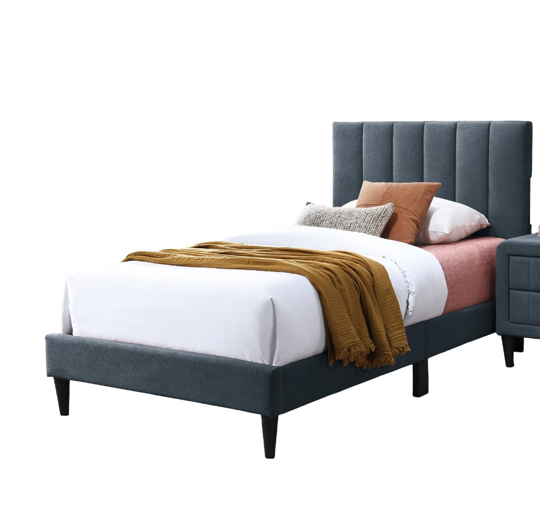 Modern Style Twin Size Bed 1pc Channel Tufted Headboard Middle Support Legs Charcoal Finish Bedroom Furniture