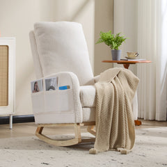 Breastfeeding High Back Teddy Fleece Glider, Nursery Rocker w/ Curved Wood Base, Side Pocket & Detachable Footrest, Ergonomic Chair Relieves Back Soreness for Moms Feeding, Napping & Lounge, White.