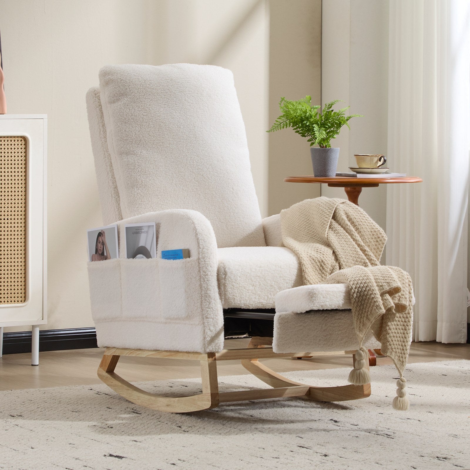 Breastfeeding High Back Teddy Fleece Glider, Nursery Rocker w/ Curved Wood Base, Side Pocket & Detachable Footrest, Ergonomic Chair Relieves Back Soreness for Moms Feeding, Napping & Lounge, White.