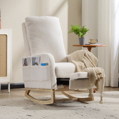 Breastfeeding High Back Teddy Fleece Glider, Nursery Rocker w/ Curved Wood Base, Side Pocket & Detachable Footrest, Ergonomic Chair Relieves Back Soreness for Moms Feeding, Napping & Lounge, White.