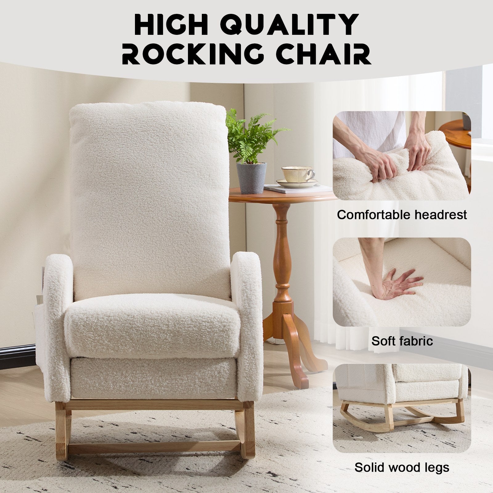 Breastfeeding High Back Teddy Fleece Glider, Nursery Rocker w/ Curved Wood Base, Side Pocket & Detachable Footrest, Ergonomic Chair Relieves Back Soreness for Moms Feeding, Napping & Lounge, White.