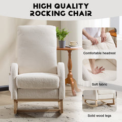 Breastfeeding High Back Teddy Fleece Glider, Nursery Rocker w/ Curved Wood Base, Side Pocket & Detachable Footrest, Ergonomic Chair Relieves Back Soreness for Moms Feeding, Napping & Lounge, White.