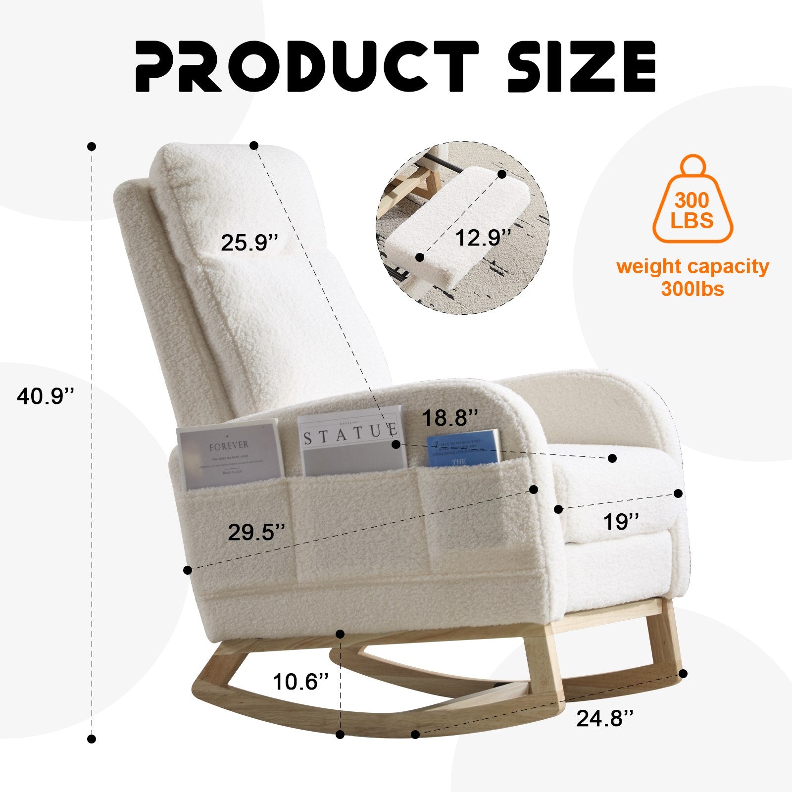 Breastfeeding High Back Teddy Fleece Glider, Nursery Rocker w/ Curved Wood Base, Side Pocket & Detachable Footrest, Ergonomic Chair Relieves Back Soreness for Moms Feeding, Napping & Lounge, White.