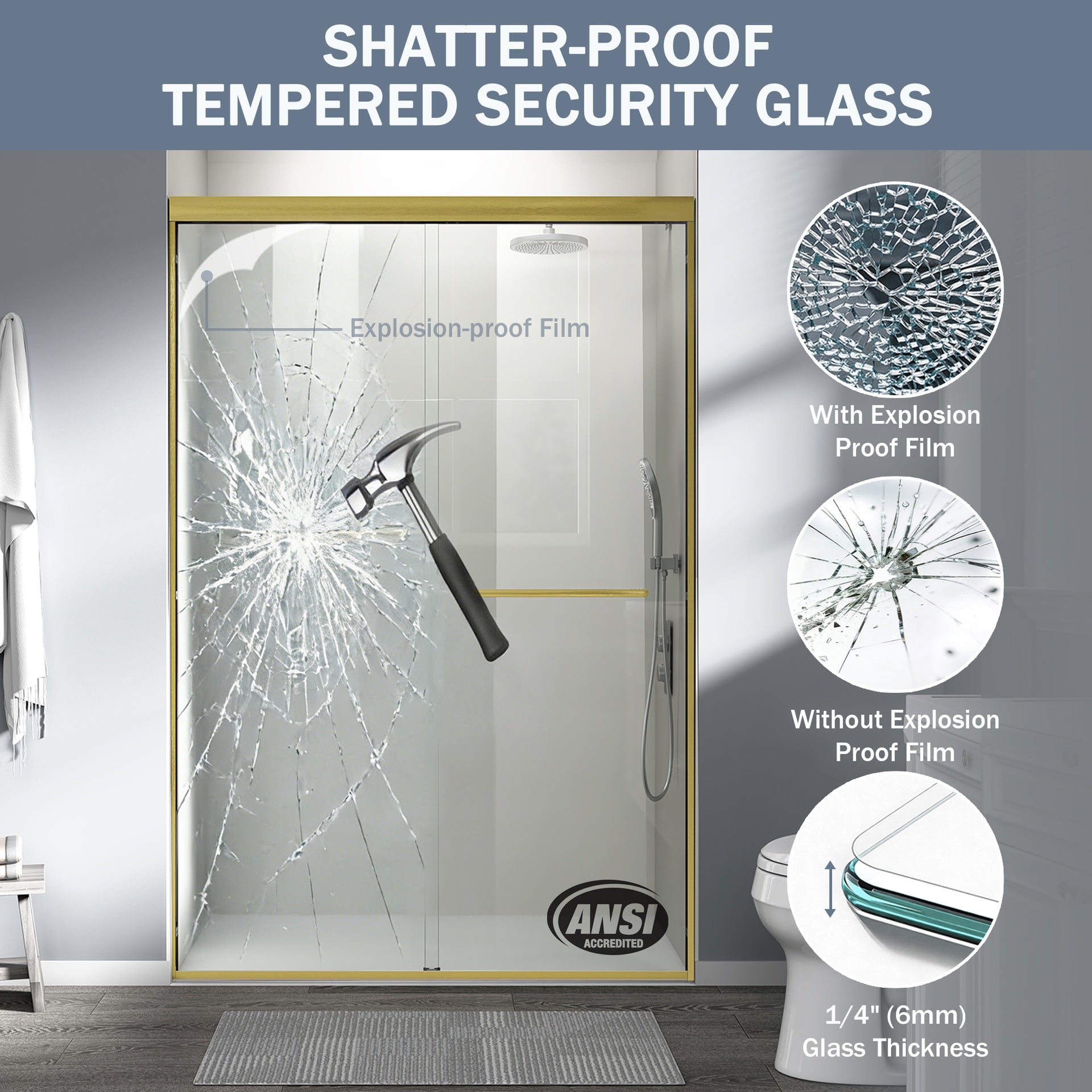44-48 in. W x 72 in. H Double Sliding Shower Door, Semi-frameless Bathroom Sliding Door with 1/4" (6mm) Tempered Glass for Walk-in Shower, Brushed Gold CM-24D03-48BGX