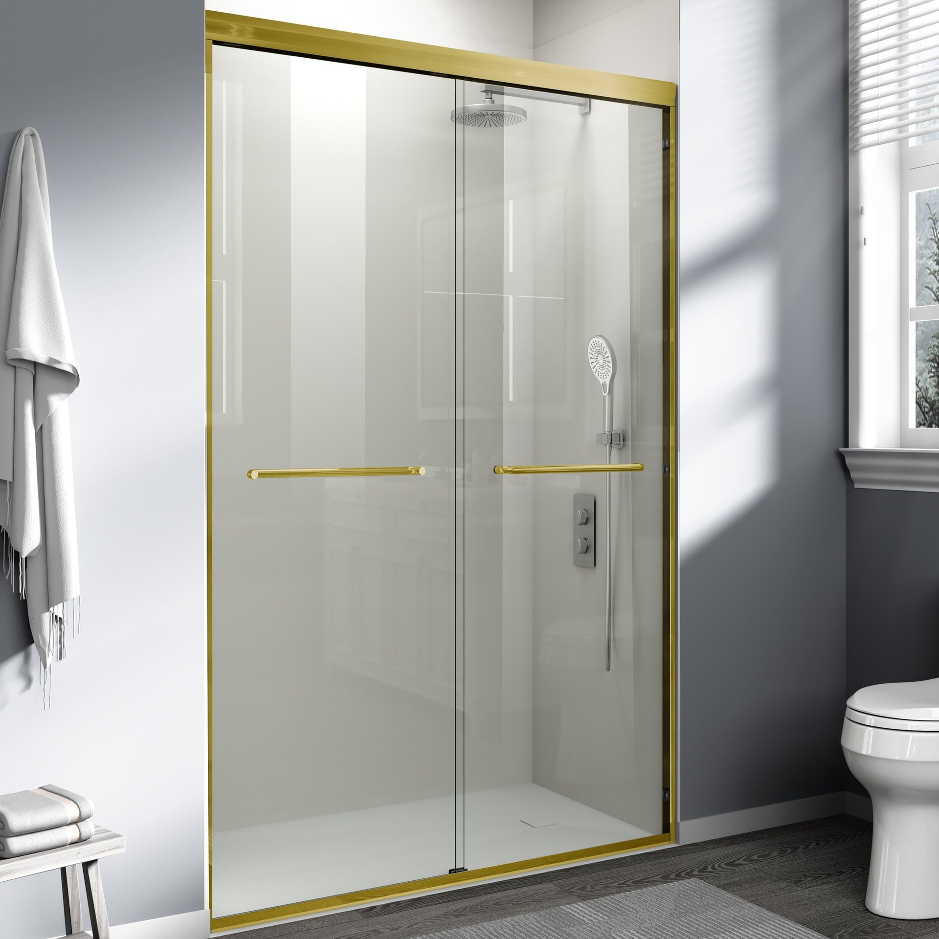 44-48 in. W x 72 in. H Double Sliding Shower Door, Semi-frameless Bathroom Sliding Door with 1/4" (6mm) Tempered Glass for Walk-in Shower, Brushed Gold CM-24D03-48BGX